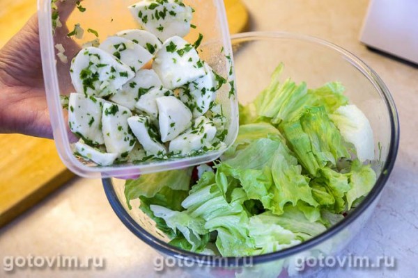 Салат из макарон с помидорами, маринованной моцареллой и салатом «Айсберг»